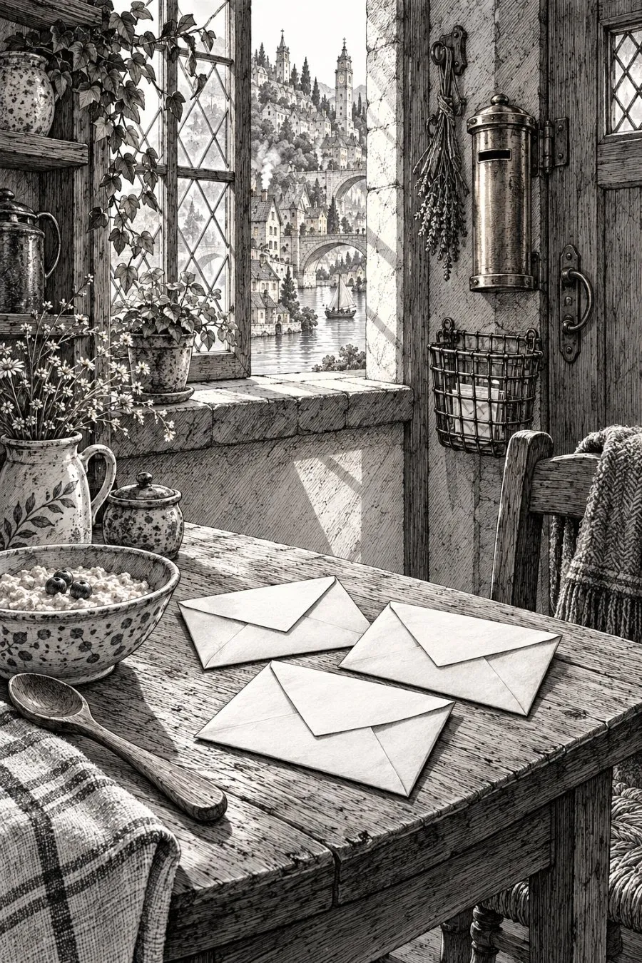 Ink drawing: three envelopes on a kitchen table beside a bowl of porridge; a brass canister and a wire basket hang by the door, and the terraced city shows through the window.