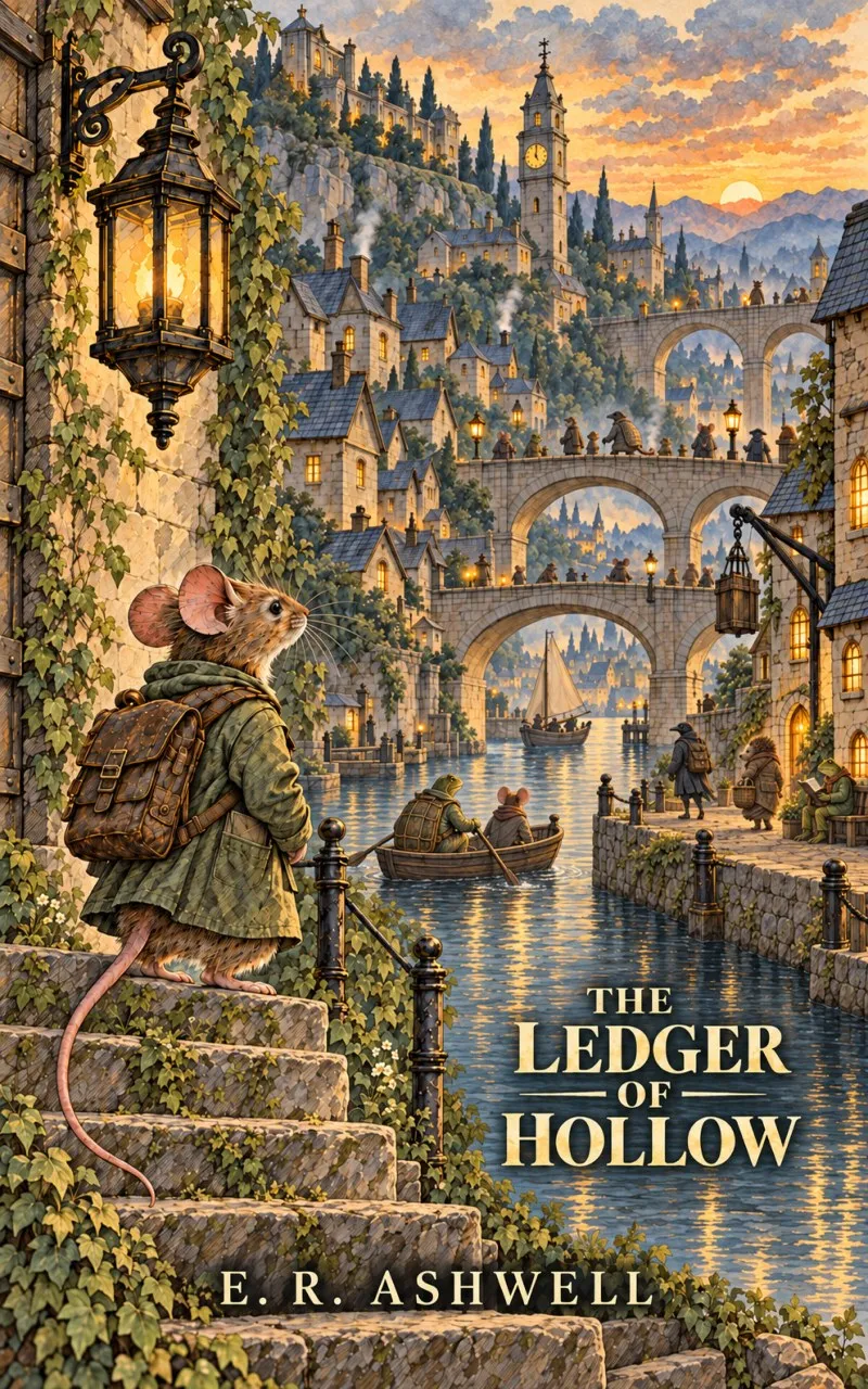 Cover of The Ledger of Hollow by E. R. Ashwell: a mouse in a green coat stands on ivy-covered steps above a lamplit river city at dusk.
