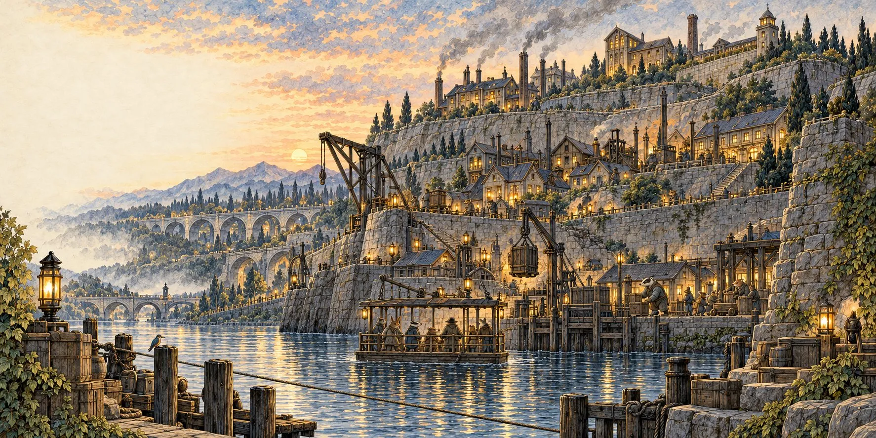 Hollow at dusk: lamplit terraces climb the quarry wall above the river, with cranes, a hoist and boats along the waterfront.
