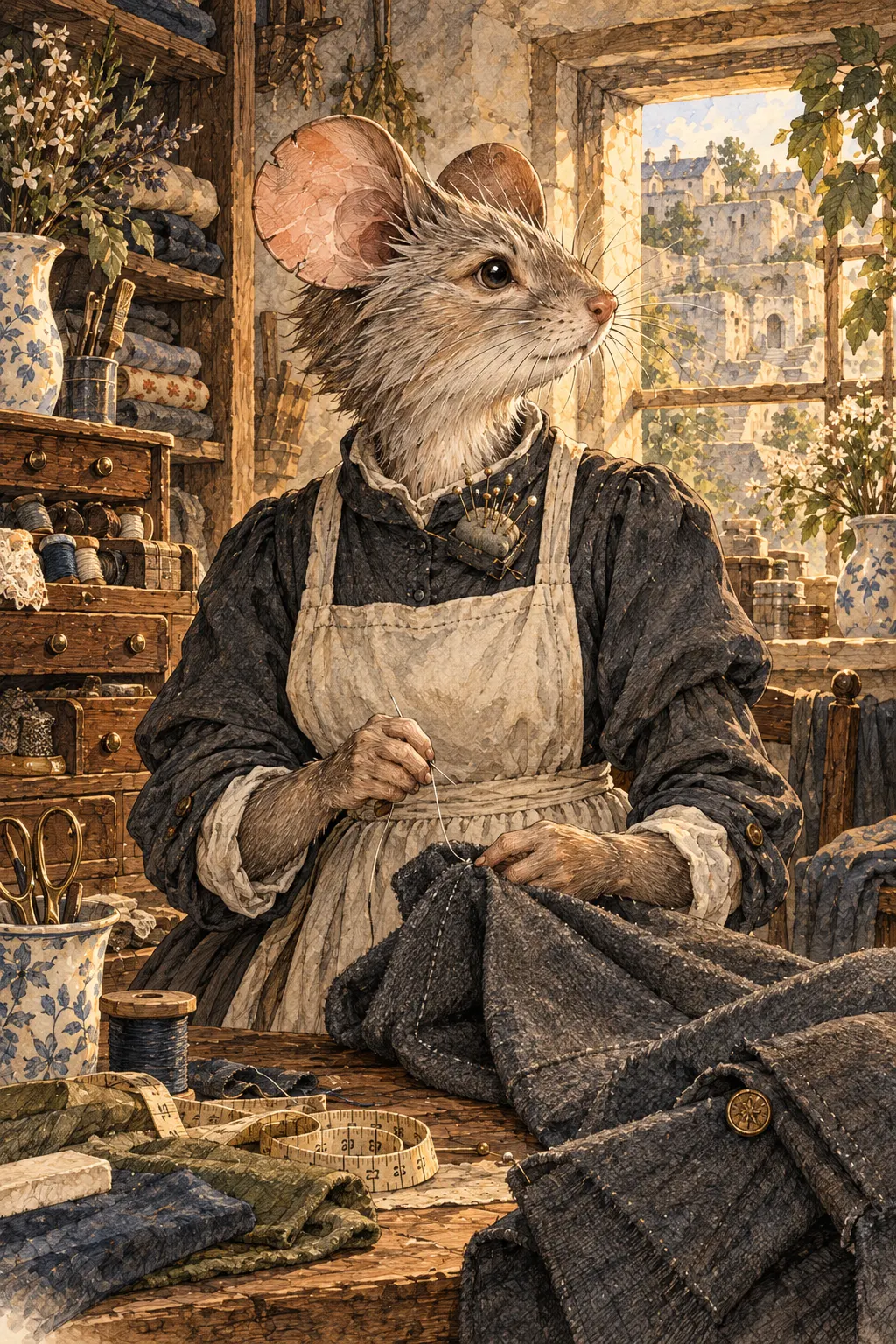 Hesper Fenn, a silver-furred mouse in a dark dress and white apron, sews grey cloth at her worktable by a window.