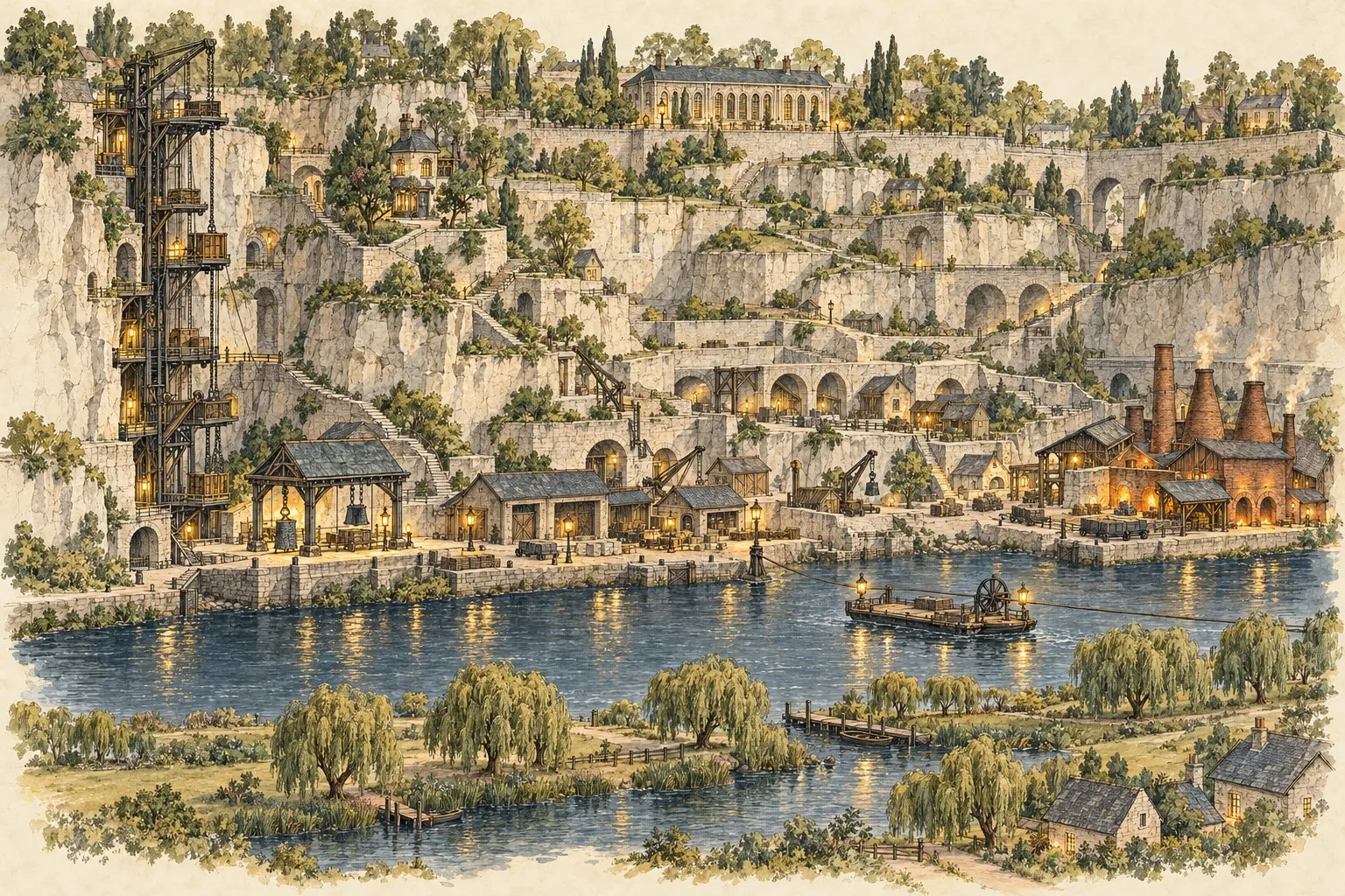 An illustrated panorama of Hollow: terraces cut into pale quarry cliffs, a tall hoist on the left, warehouses and kilns along the waterfront, a cable ferry crossing the river, and willows and cottages on the far bank.