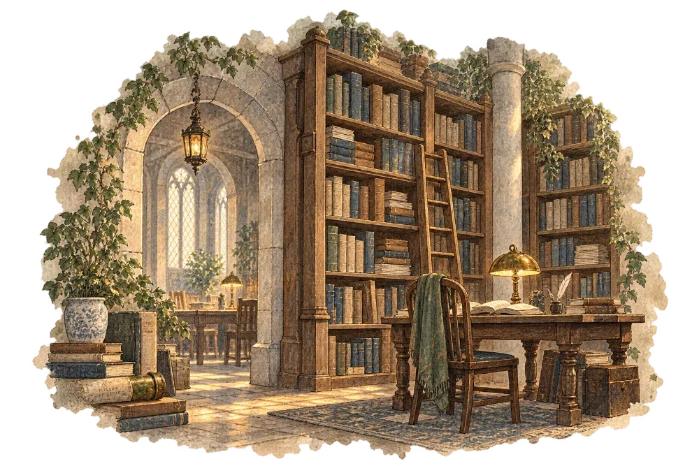 Illustration of an Archive reading room: tall bookcases, a library ladder, a lamp-lit desk and an arched window.