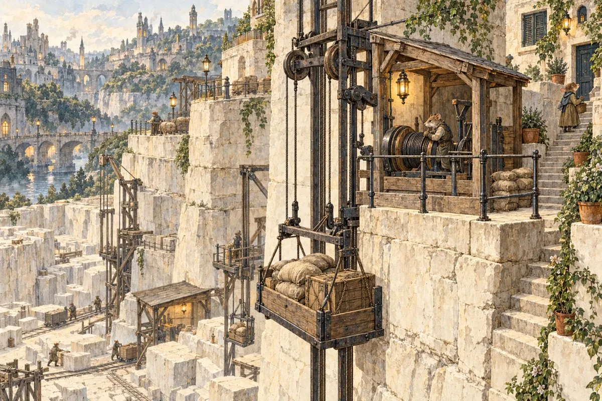Illustration of a staged cargo lift on the quarry wall, its cage loaded with sacks beside a winding house.