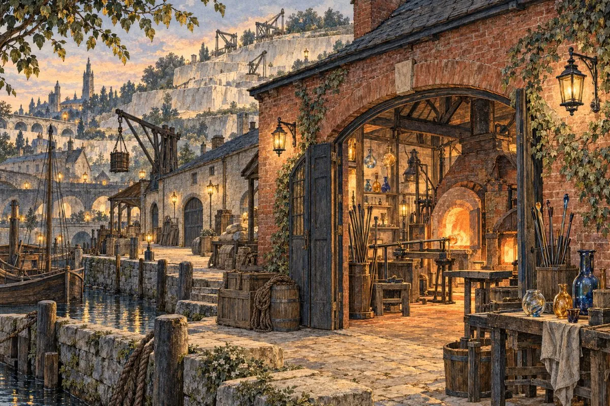 Illustration of a brick glass workshop on the quay, its furnace glowing through an arched doorway.