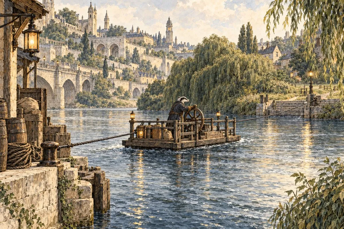 Illustration of a flat timber ferry raft on an iron cable, with a hand-wheel, crossing the river towards willows.