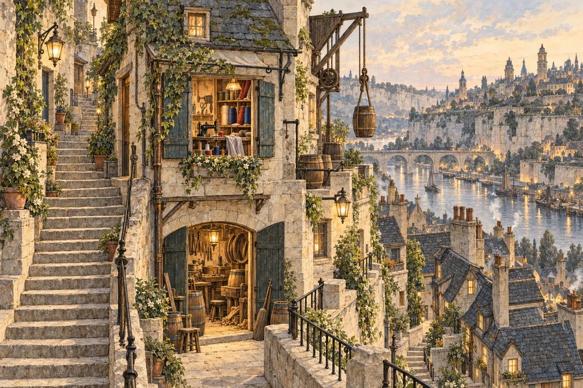 Illustration of a stone stair between terraced houses, with a lit tailor’s window and the river below.