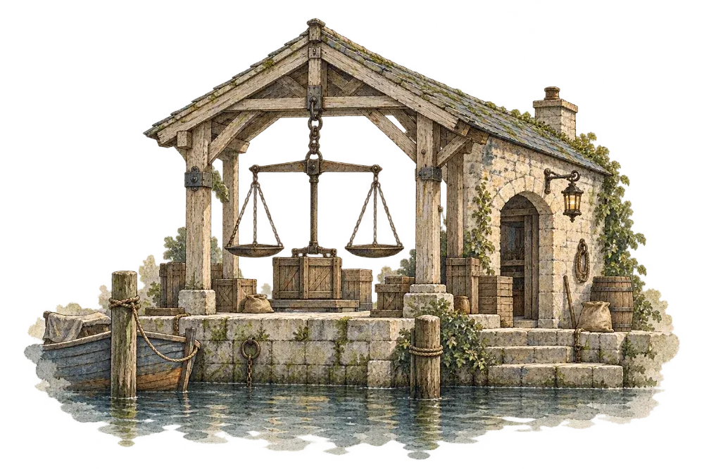 Illustration of the Weighhouse: an open timber hall on the quay with a great beam scale, sacks and crates.
